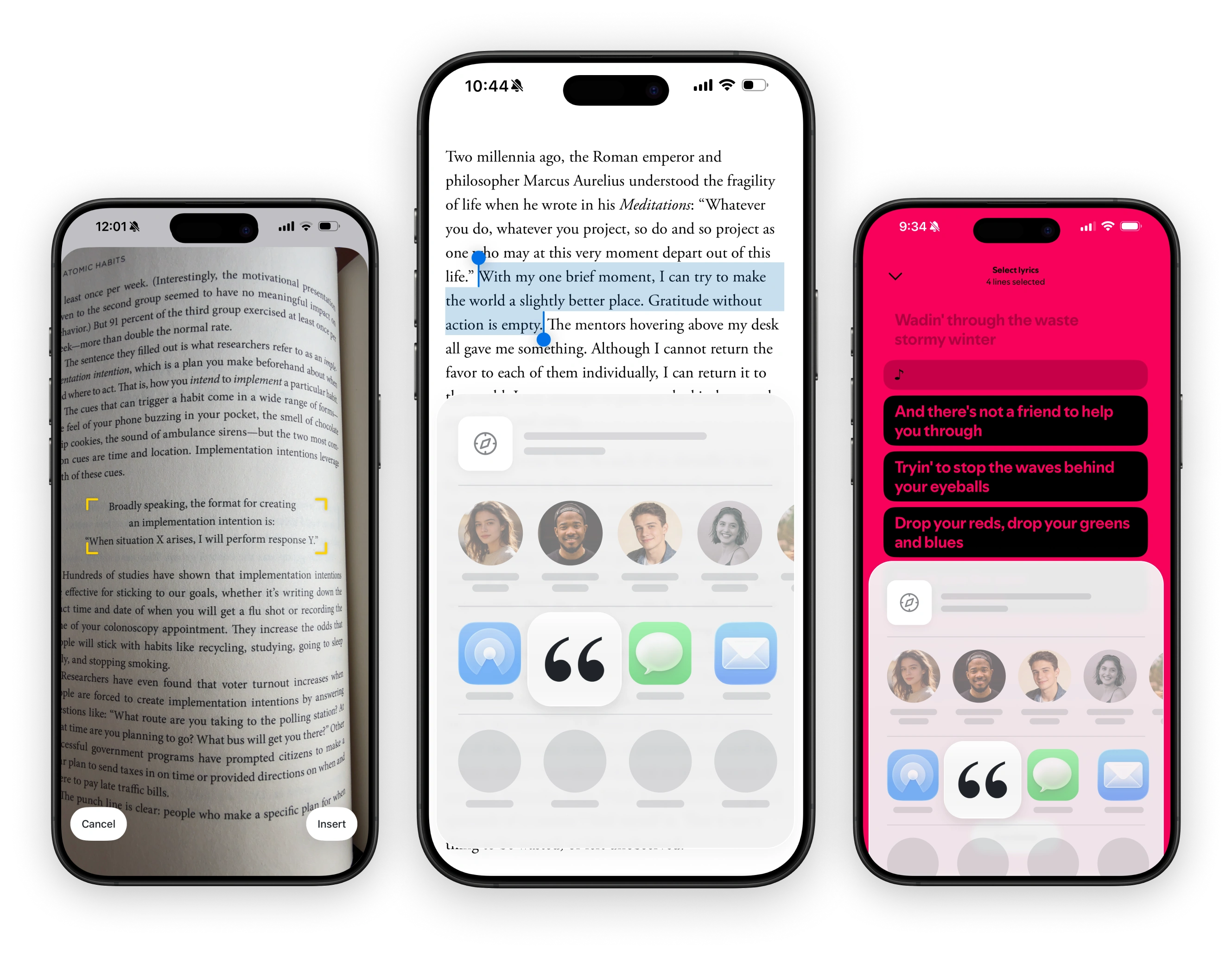 Three phones showing ways to capture quotes: scanning a book page, sharing an article, and saving highlighted text
