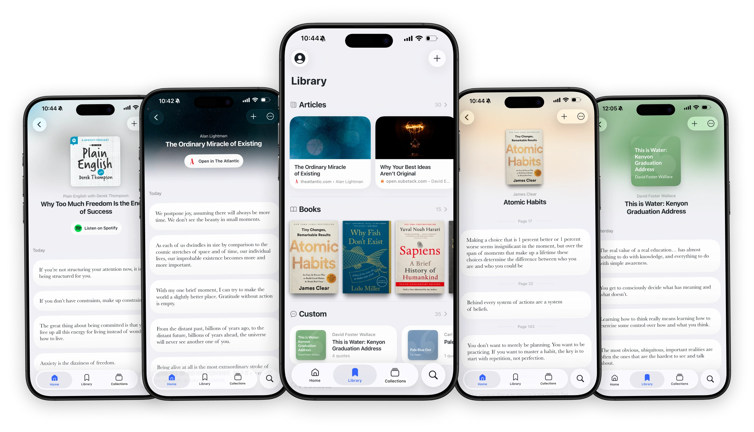 Phones showing the Commonplace library organized by sources
