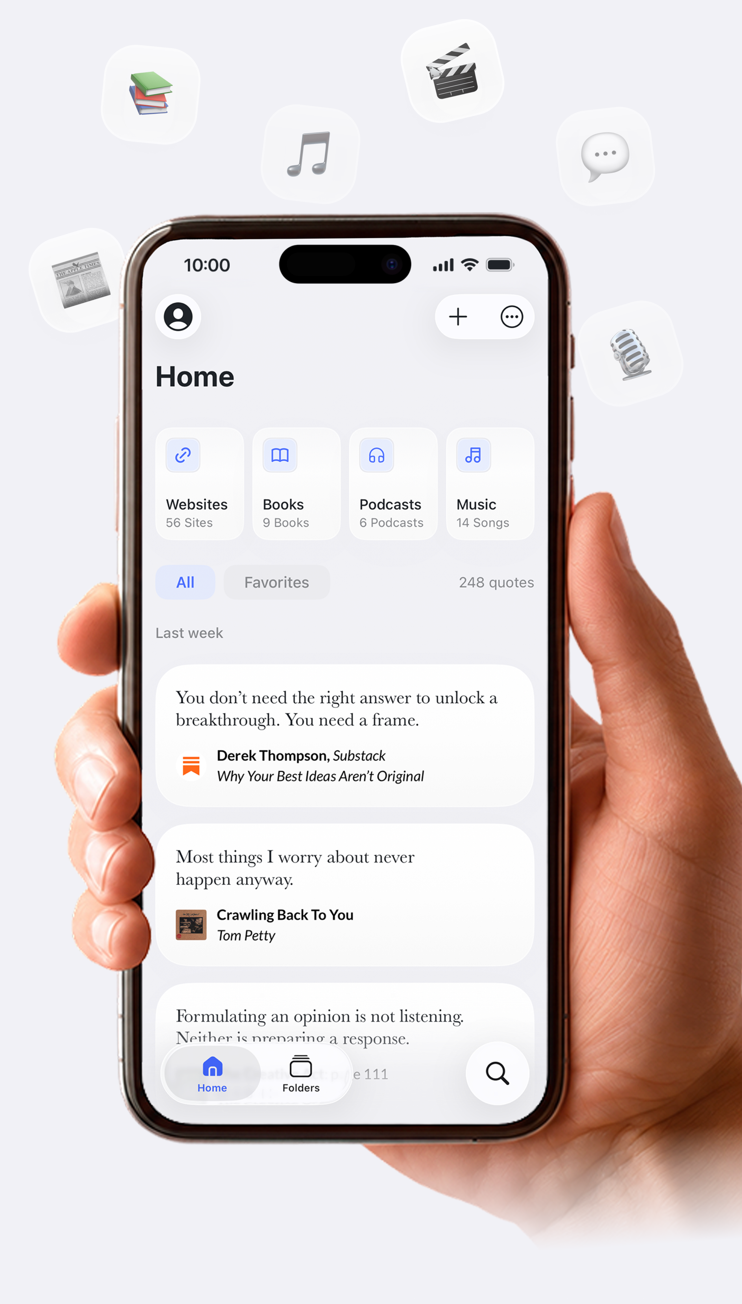 The Commonplace app shown on an iPhone, surrounded by the apps you can save quotes from