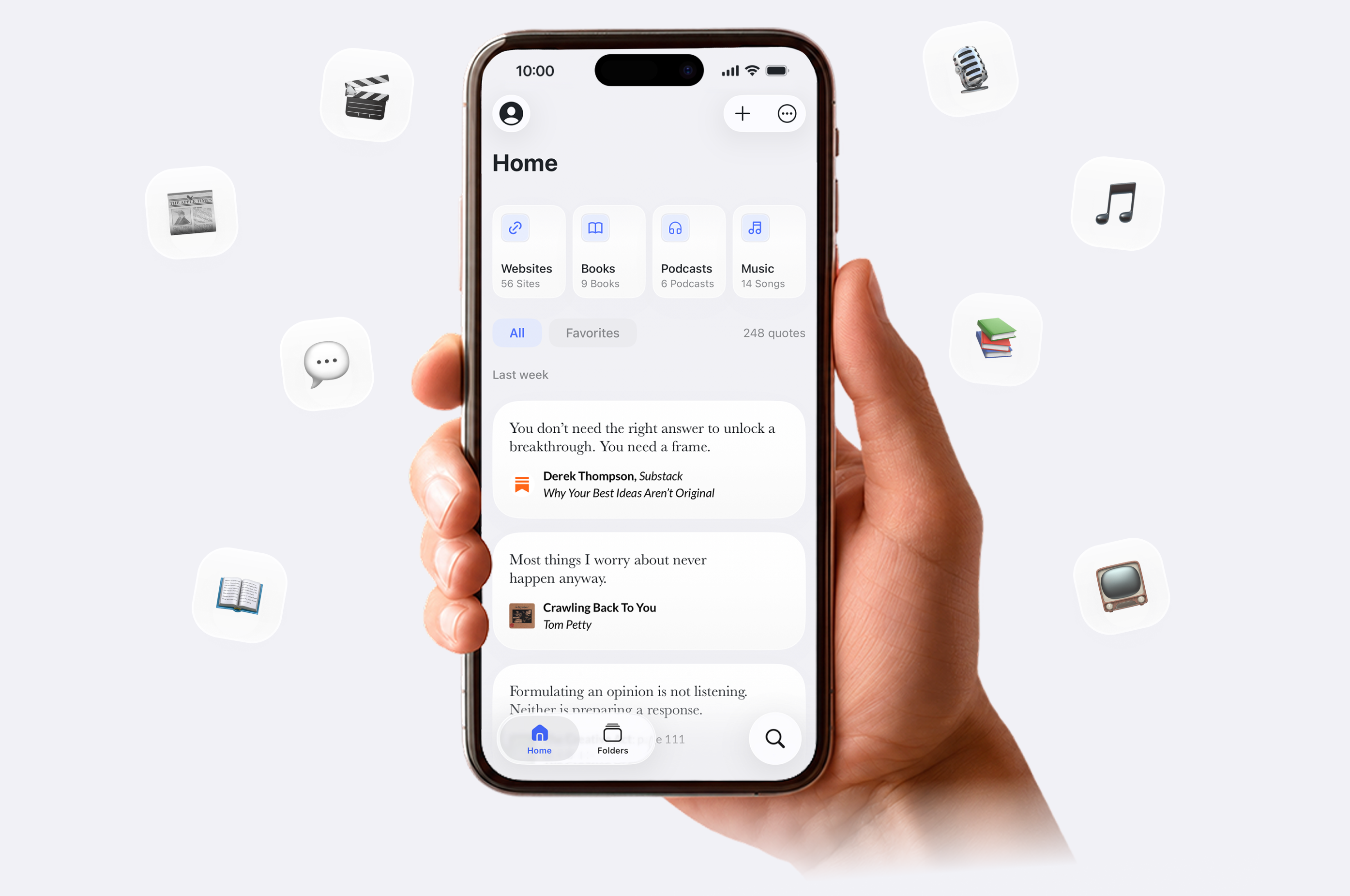 The Commonplace app shown on an iPhone, surrounded by the apps you can save quotes from